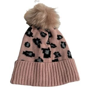 Super Cute & Cozy Pink Animal Print Knit Beanie Hat with Pom, One Size